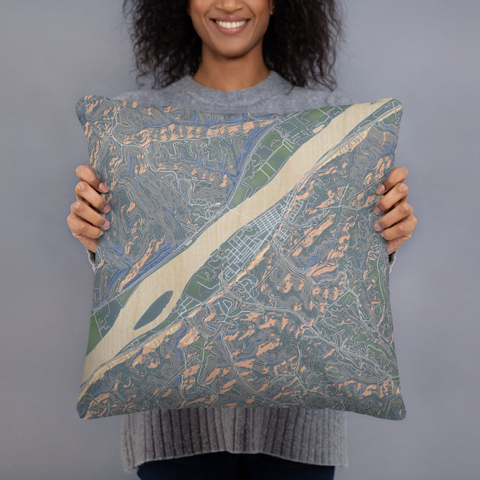 Person holding 18x18 Custom Sistersville West Virginia Map Throw Pillow in Afternoon