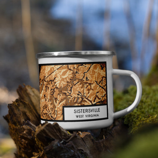 Right View Custom Sistersville West Virginia Map Enamel Mug in Ember on Grass With Trees in Background