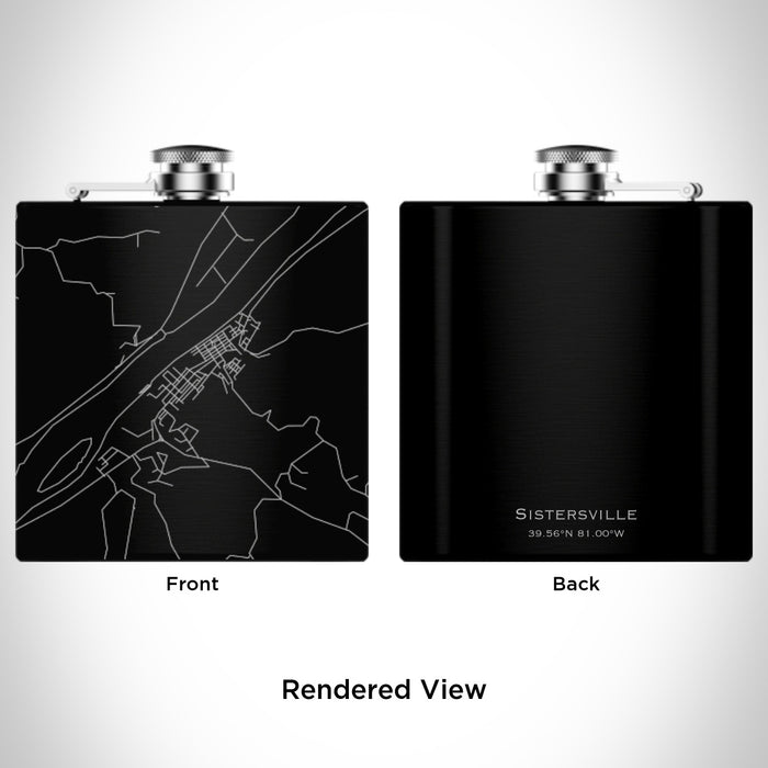 Rendered View of Sistersville West Virginia Map Engraving on 6oz Stainless Steel Flask in Black