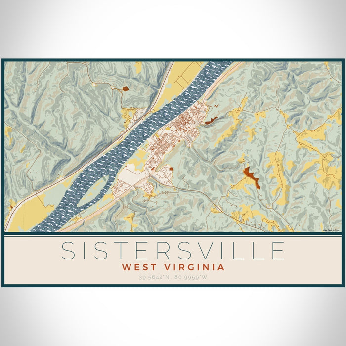Sistersville West Virginia Map Print Landscape Orientation in Woodblock Style With Shaded Background
