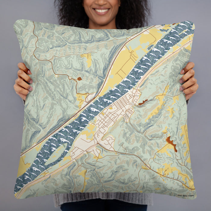 Person holding 22x22 Custom Sistersville West Virginia Map Throw Pillow in Woodblock