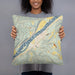 Person holding 18x18 Custom Sistersville West Virginia Map Throw Pillow in Woodblock