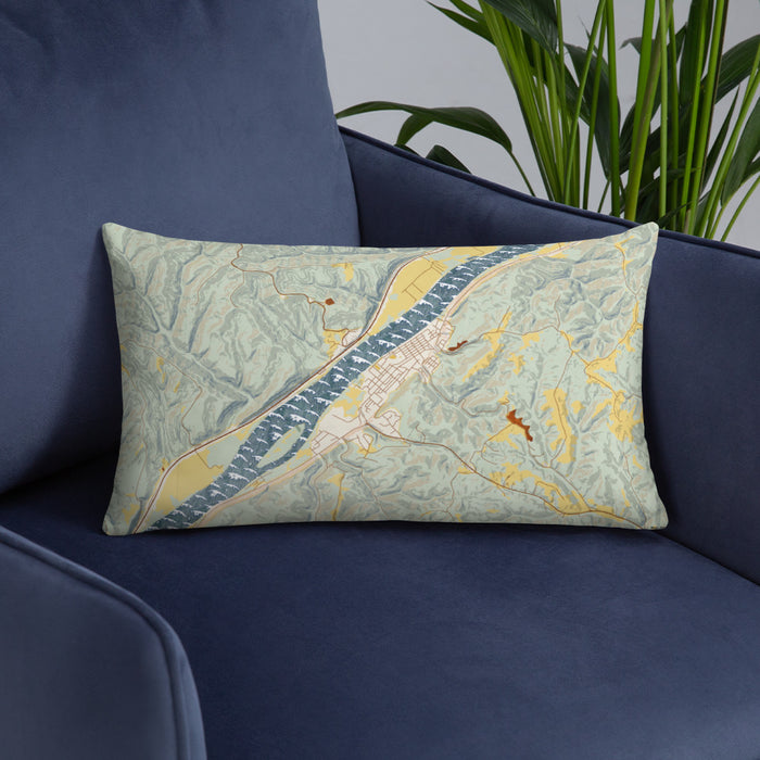 Custom Sistersville West Virginia Map Throw Pillow in Woodblock on Blue Colored Chair
