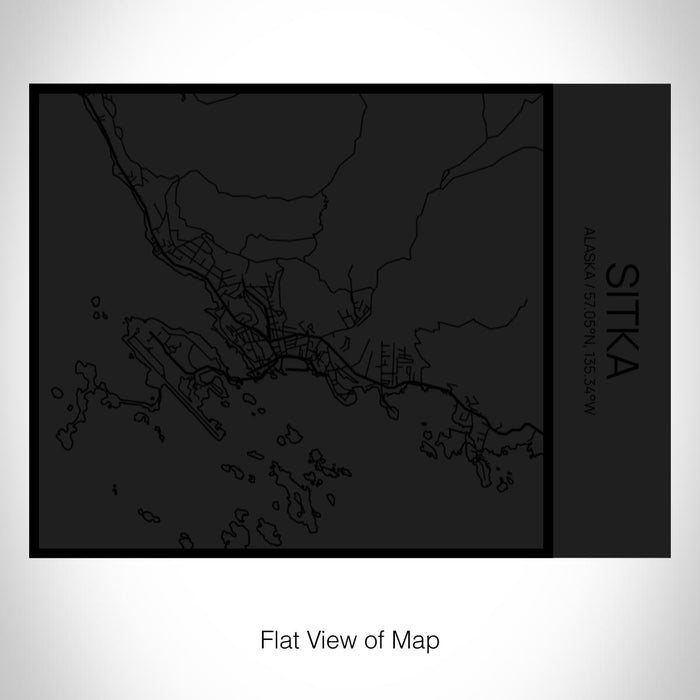 Rendered View of Sitka Alaska Map on 20oz Stainless Steel Insulated Bottle with Bamboo Top in Matte Black with printed Tactile Lines Map in Black