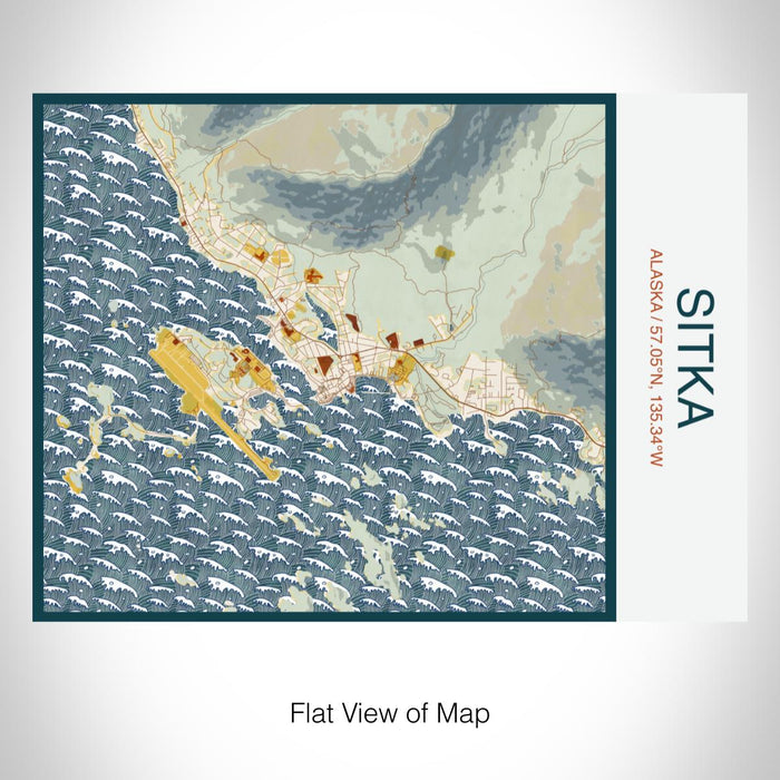 Rendered View of Sitka Alaska Map on 20oz Stainless Steel Insulated Bottle with Bamboo Top with printed woodblock style map