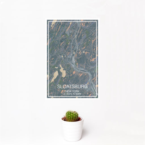 12x18 Sloatsburg New York Map Print Portrait Orientation in Afternoon Style With Small Cactus Plant in White Planter