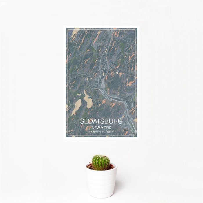 12x18 Sloatsburg New York Map Print Portrait Orientation in Afternoon Style With Small Cactus Plant in White Planter