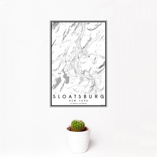 12x18 Sloatsburg New York Map Print Portrait Orientation in Classic Style With Small Cactus Plant in White Planter
