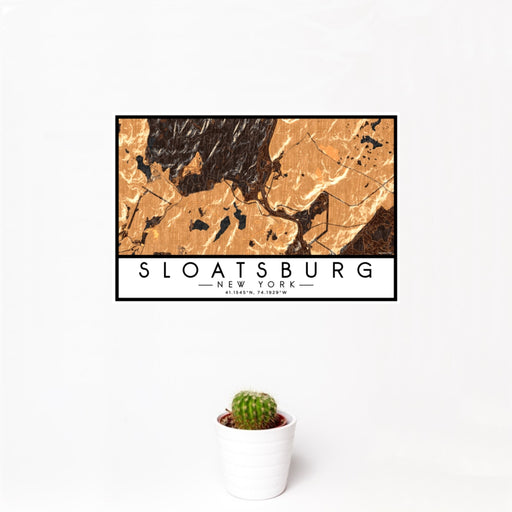 12x18 Sloatsburg New York Map Print Landscape Orientation in Ember Style With Small Cactus Plant in White Planter