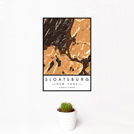 12x18 Sloatsburg New York Map Print Portrait Orientation in Ember Style With Small Cactus Plant in White Planter