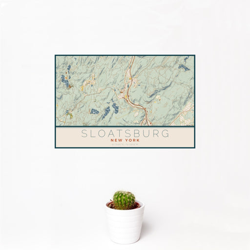 12x18 Sloatsburg New York Map Print Landscape Orientation in Woodblock Style With Small Cactus Plant in White Planter