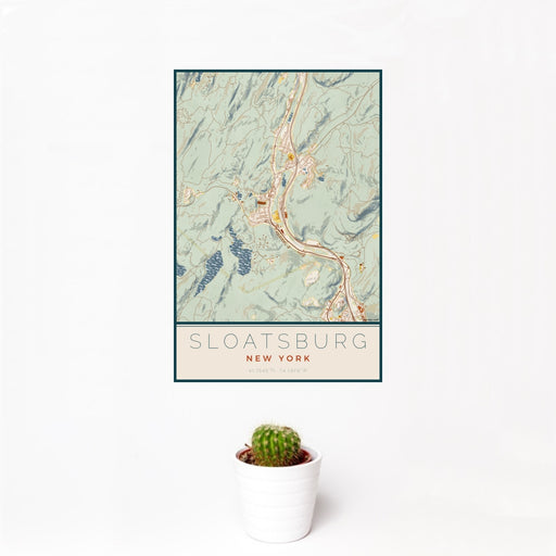 12x18 Sloatsburg New York Map Print Portrait Orientation in Woodblock Style With Small Cactus Plant in White Planter