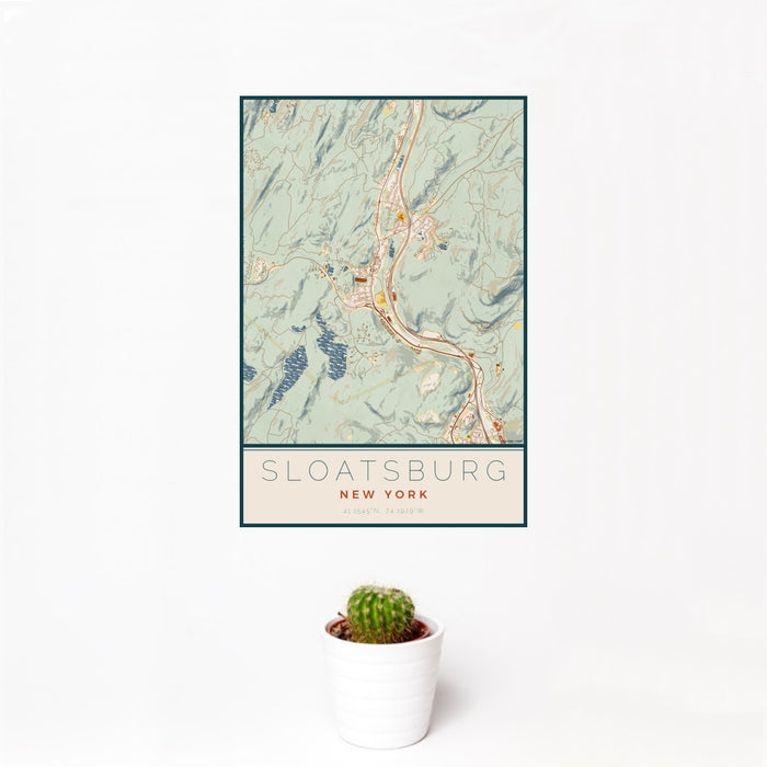 12x18 Sloatsburg New York Map Print Portrait Orientation in Woodblock Style With Small Cactus Plant in White Planter