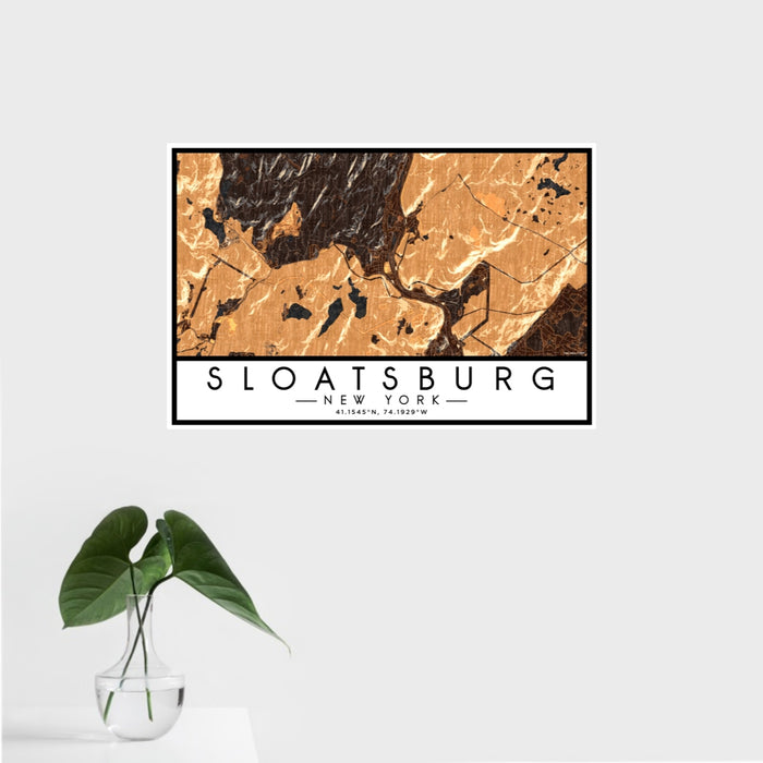 16x24 Sloatsburg New York Map Print Landscape Orientation in Ember Style With Tropical Plant Leaves in Water