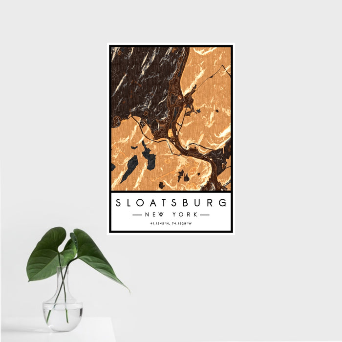 16x24 Sloatsburg New York Map Print Portrait Orientation in Ember Style With Tropical Plant Leaves in Water