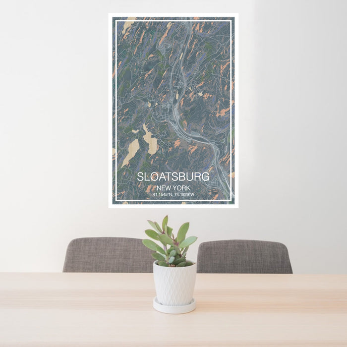 24x36 Sloatsburg New York Map Print Portrait Orientation in Afternoon Style Behind 2 Chairs Table and Potted Plant