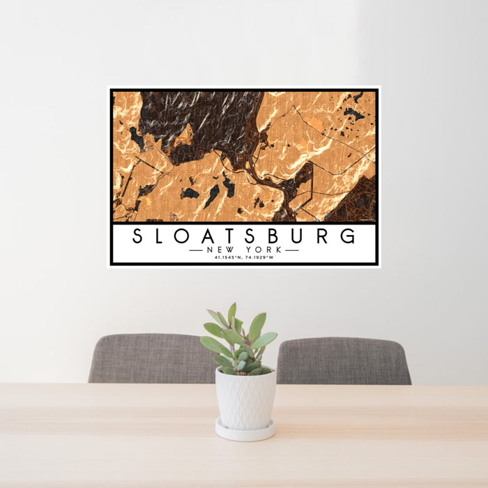 24x36 Sloatsburg New York Map Print Lanscape Orientation in Ember Style Behind 2 Chairs Table and Potted Plant