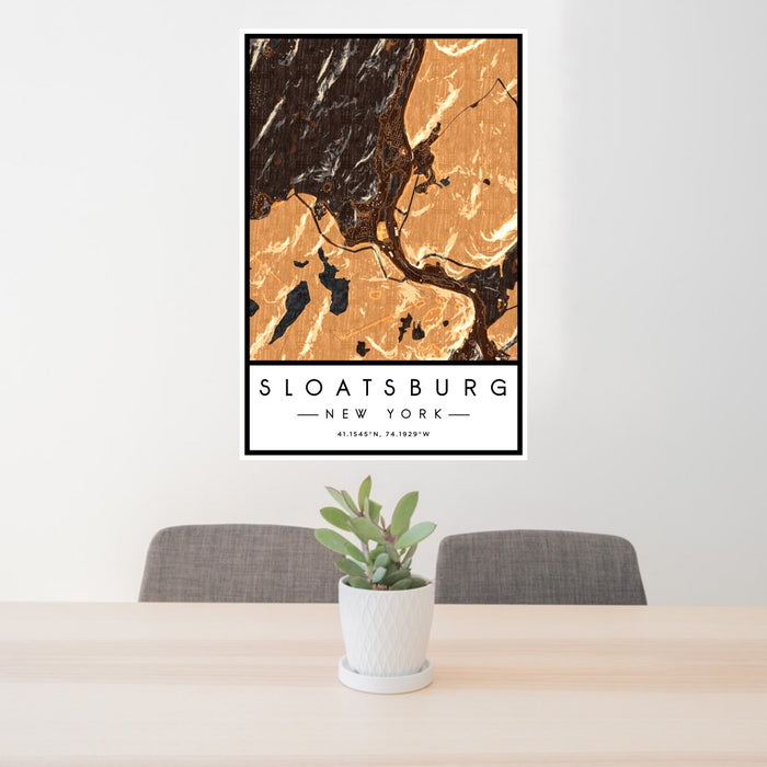 24x36 Sloatsburg New York Map Print Portrait Orientation in Ember Style Behind 2 Chairs Table and Potted Plant