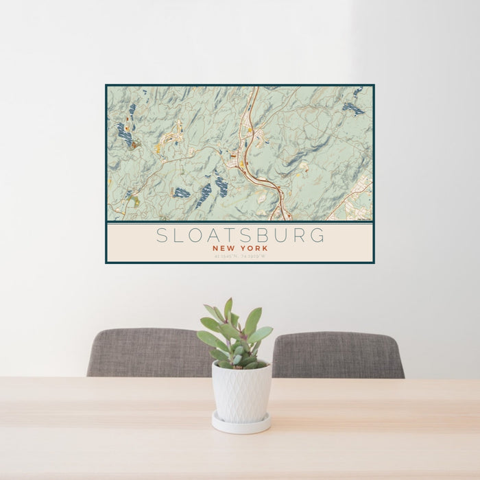 24x36 Sloatsburg New York Map Print Lanscape Orientation in Woodblock Style Behind 2 Chairs Table and Potted Plant