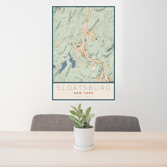 24x36 Sloatsburg New York Map Print Portrait Orientation in Woodblock Style Behind 2 Chairs Table and Potted Plant