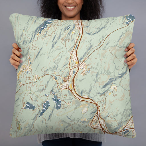 Person holding 22x22 Custom Sloatsburg New York Map Throw Pillow in Woodblock