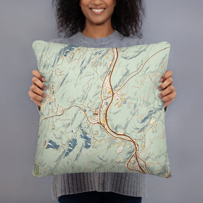Person holding 18x18 Custom Sloatsburg New York Map Throw Pillow in Woodblock