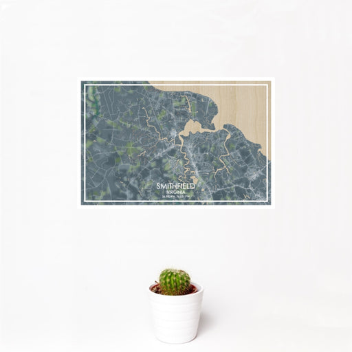 12x18 Smithfield Virginia Map Print Landscape Orientation in Afternoon Style With Small Cactus Plant in White Planter