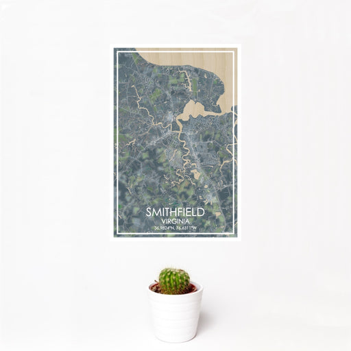 12x18 Smithfield Virginia Map Print Portrait Orientation in Afternoon Style With Small Cactus Plant in White Planter
