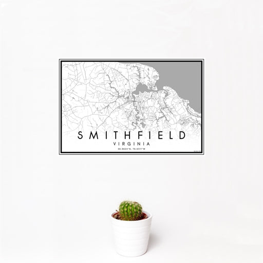 12x18 Smithfield Virginia Map Print Landscape Orientation in Classic Style With Small Cactus Plant in White Planter