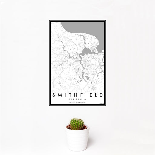 12x18 Smithfield Virginia Map Print Portrait Orientation in Classic Style With Small Cactus Plant in White Planter
