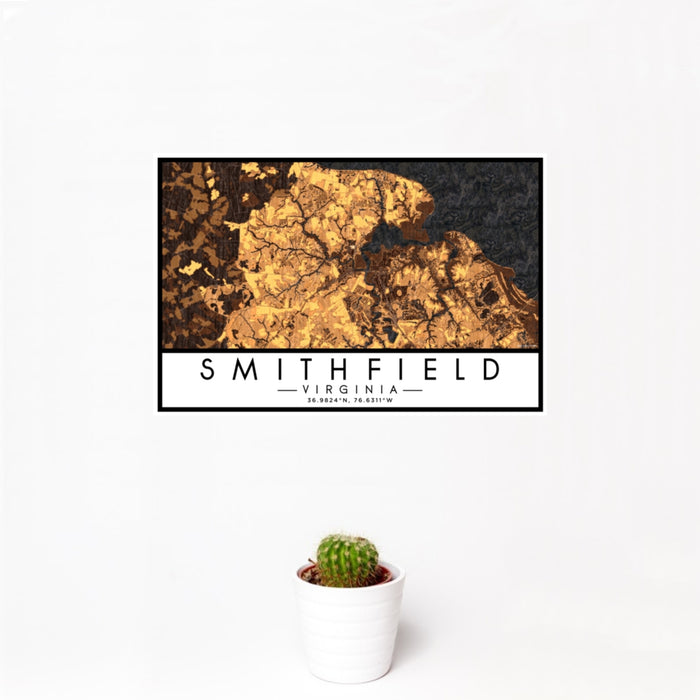 12x18 Smithfield Virginia Map Print Landscape Orientation in Ember Style With Small Cactus Plant in White Planter