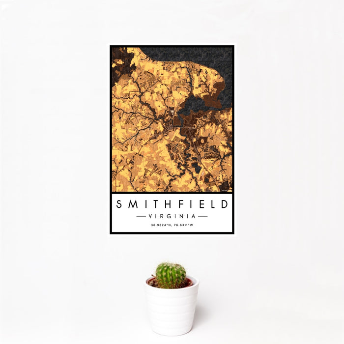 12x18 Smithfield Virginia Map Print Portrait Orientation in Ember Style With Small Cactus Plant in White Planter