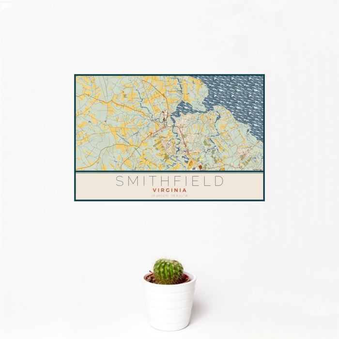 12x18 Smithfield Virginia Map Print Landscape Orientation in Woodblock Style With Small Cactus Plant in White Planter