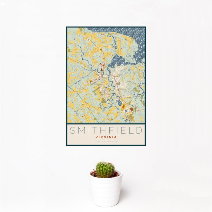 12x18 Smithfield Virginia Map Print Portrait Orientation in Woodblock Style With Small Cactus Plant in White Planter