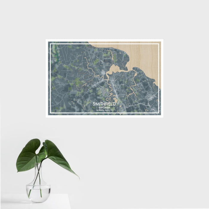 16x24 Smithfield Virginia Map Print Landscape Orientation in Afternoon Style With Tropical Plant Leaves in Water