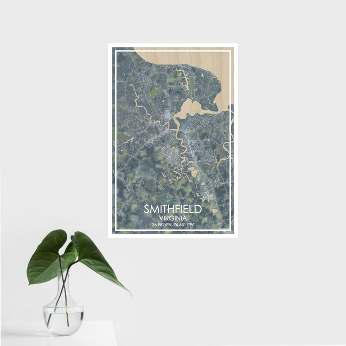 16x24 Smithfield Virginia Map Print Portrait Orientation in Afternoon Style With Tropical Plant Leaves in Water
