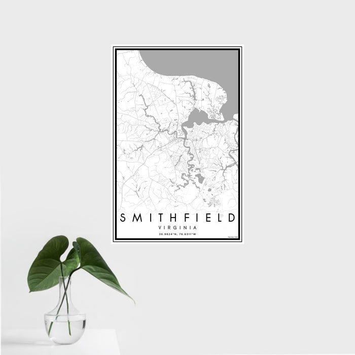 16x24 Smithfield Virginia Map Print Portrait Orientation in Classic Style With Tropical Plant Leaves in Water