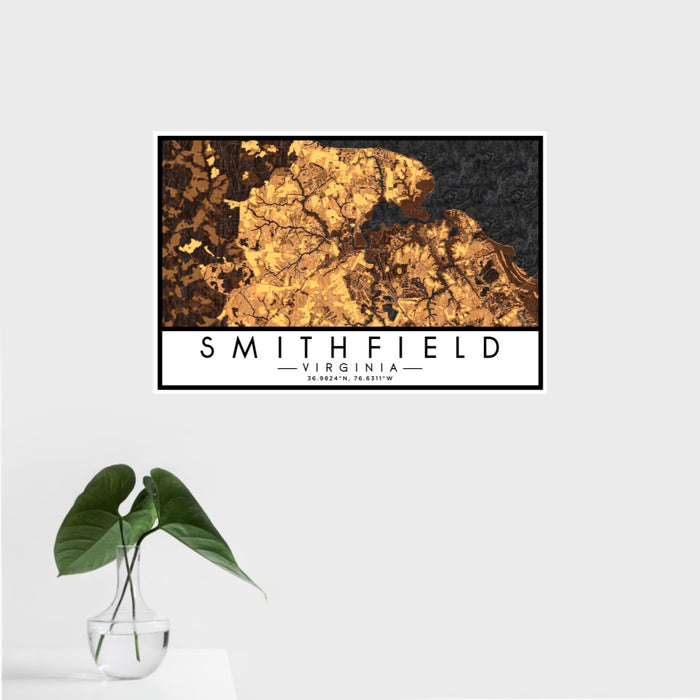 16x24 Smithfield Virginia Map Print Landscape Orientation in Ember Style With Tropical Plant Leaves in Water
