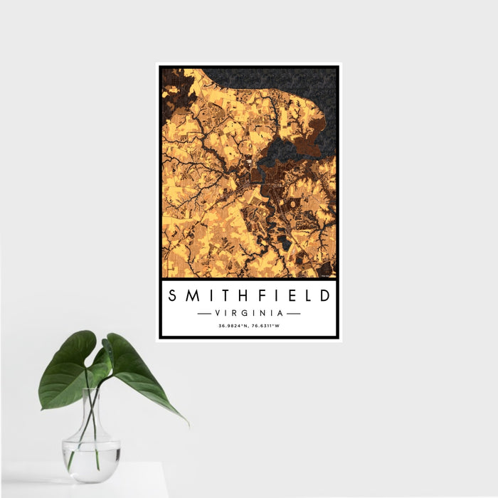 16x24 Smithfield Virginia Map Print Portrait Orientation in Ember Style With Tropical Plant Leaves in Water