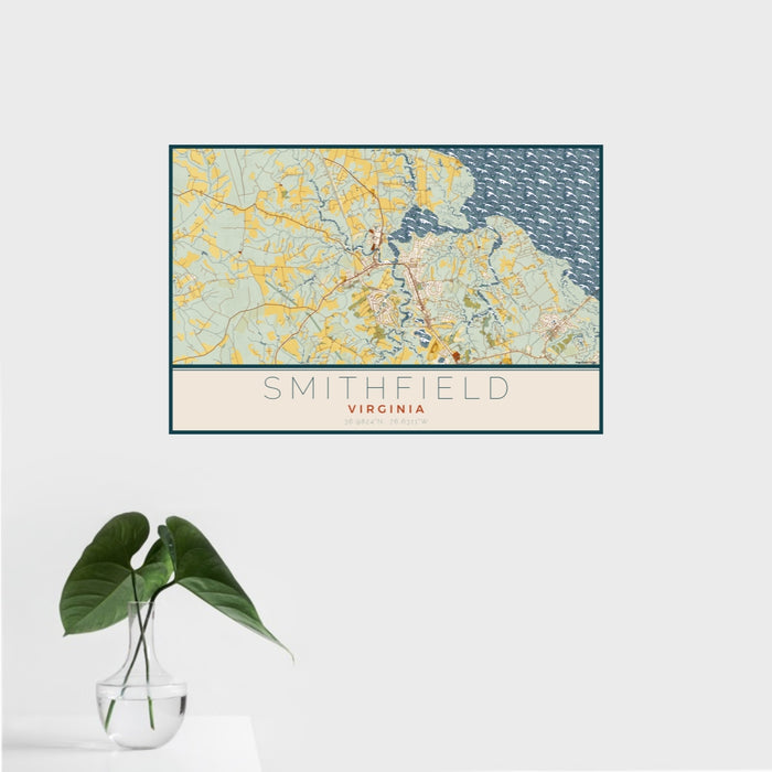 16x24 Smithfield Virginia Map Print Landscape Orientation in Woodblock Style With Tropical Plant Leaves in Water