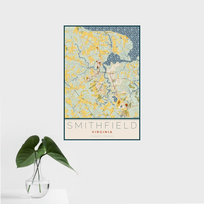 16x24 Smithfield Virginia Map Print Portrait Orientation in Woodblock Style With Tropical Plant Leaves in Water