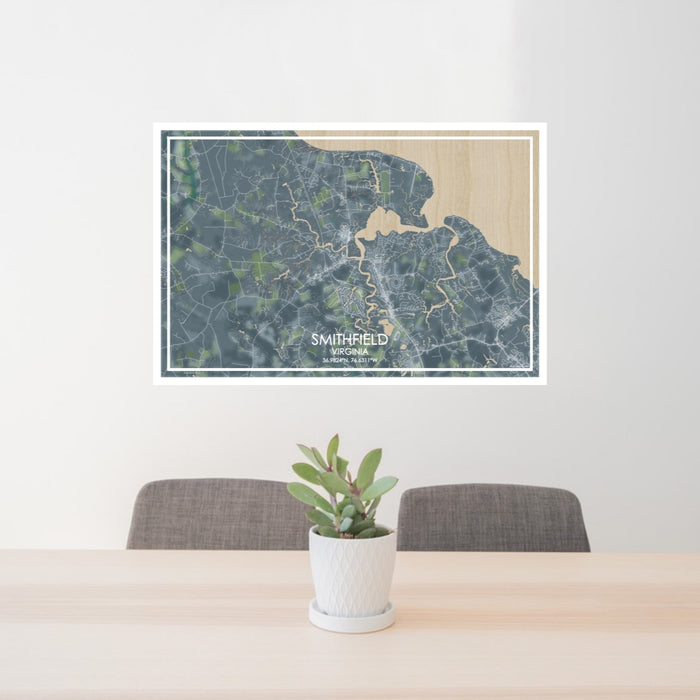 24x36 Smithfield Virginia Map Print Lanscape Orientation in Afternoon Style Behind 2 Chairs Table and Potted Plant
