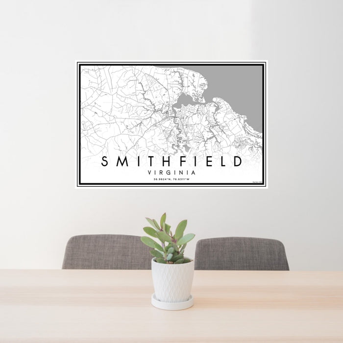 24x36 Smithfield Virginia Map Print Lanscape Orientation in Classic Style Behind 2 Chairs Table and Potted Plant