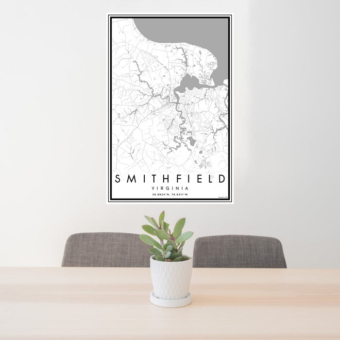 24x36 Smithfield Virginia Map Print Portrait Orientation in Classic Style Behind 2 Chairs Table and Potted Plant