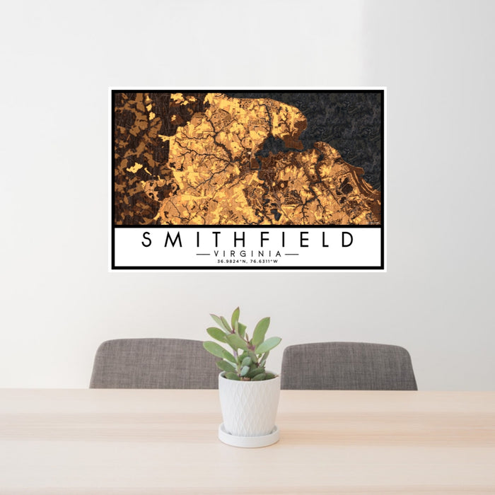 24x36 Smithfield Virginia Map Print Lanscape Orientation in Ember Style Behind 2 Chairs Table and Potted Plant