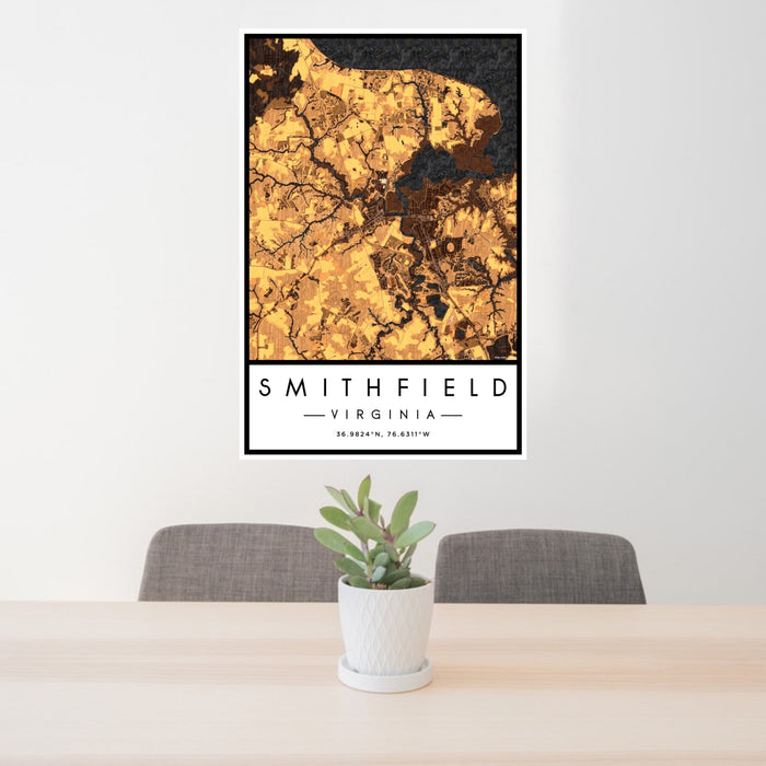 24x36 Smithfield Virginia Map Print Portrait Orientation in Ember Style Behind 2 Chairs Table and Potted Plant