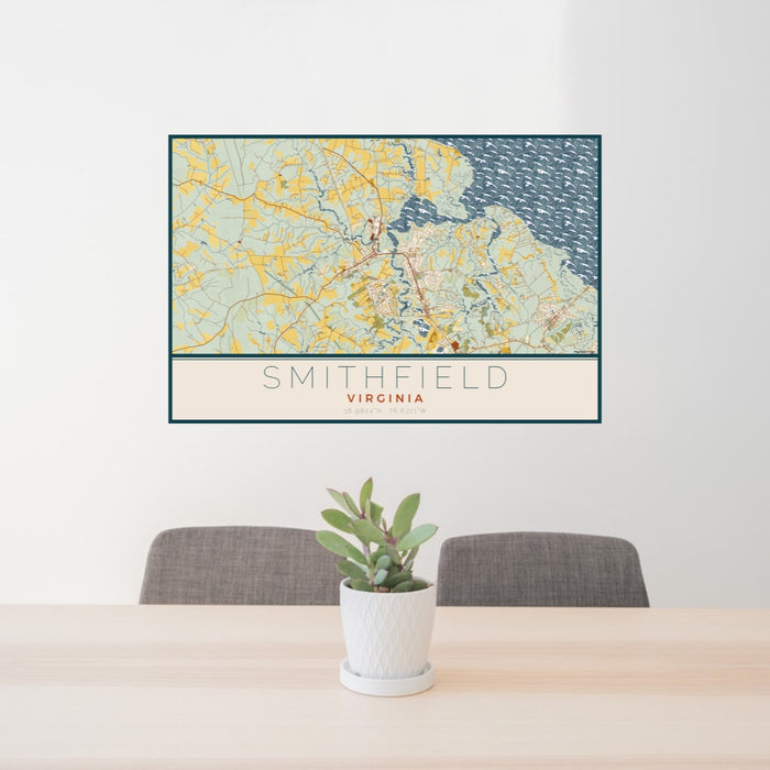 24x36 Smithfield Virginia Map Print Lanscape Orientation in Woodblock Style Behind 2 Chairs Table and Potted Plant