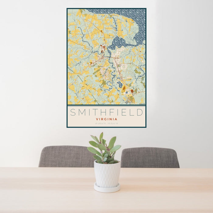 24x36 Smithfield Virginia Map Print Portrait Orientation in Woodblock Style Behind 2 Chairs Table and Potted Plant