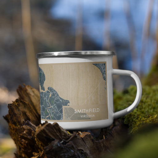 Right View Custom Smithfield Virginia Map Enamel Mug in Afternoon on Grass With Trees in Background