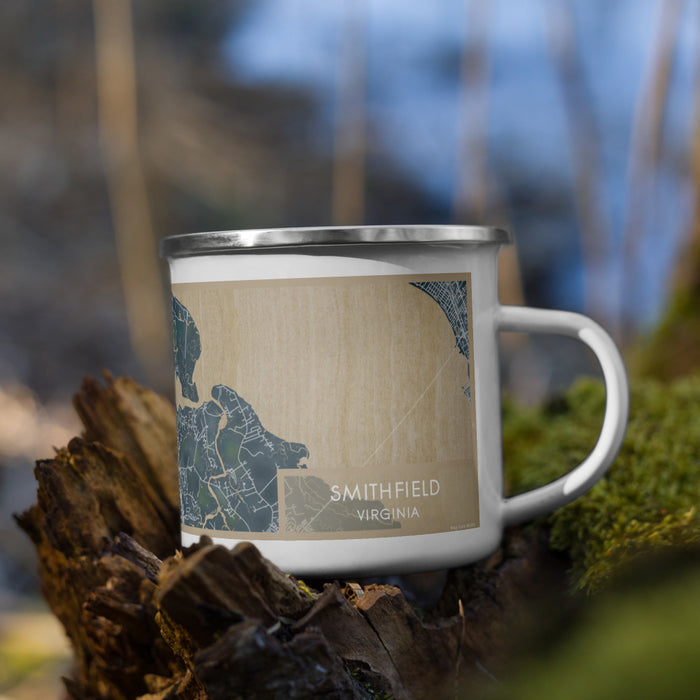 Right View Custom Smithfield Virginia Map Enamel Mug in Afternoon on Grass With Trees in Background